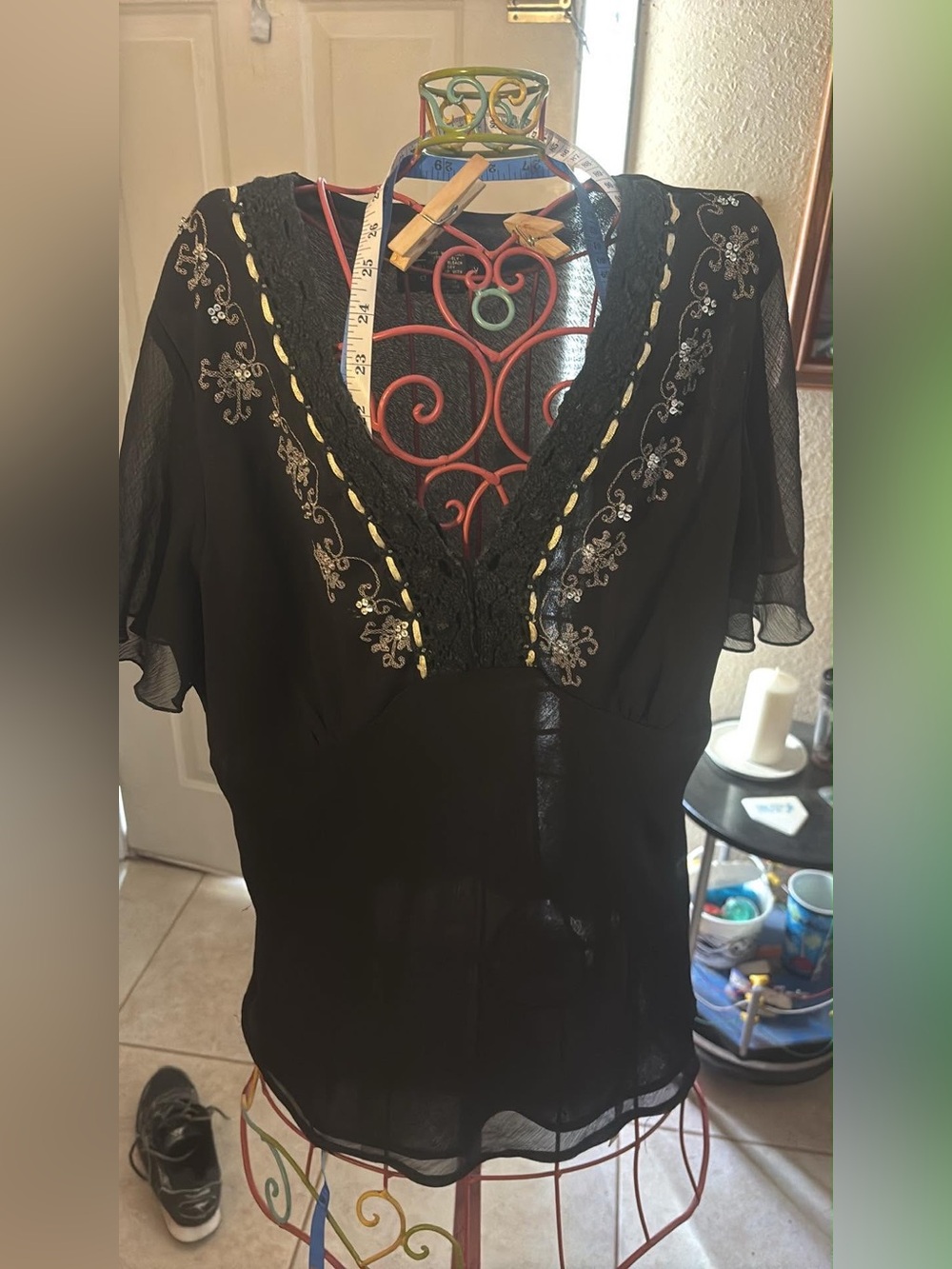 Black Embroidered V-Neck Women's Top